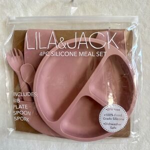 Lila‎ & Jack NWT 4Pc Silicone Baby Meal Set Bib Plate Spoon Spork Pink